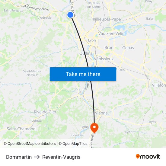 Dommartin to Reventin-Vaugris map