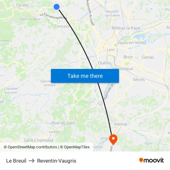 Le Breuil to Reventin-Vaugris map