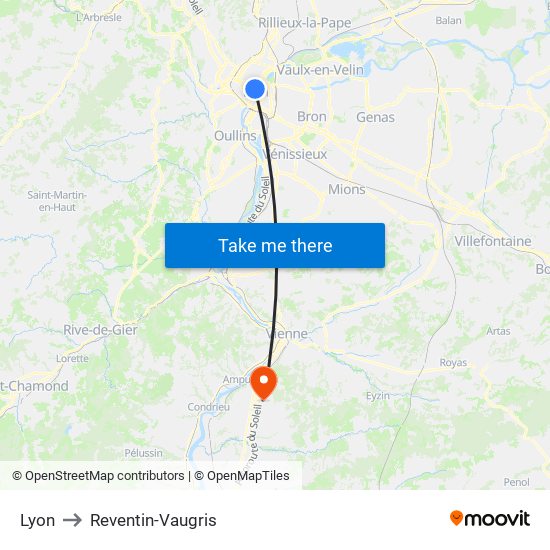 Lyon to Reventin-Vaugris map