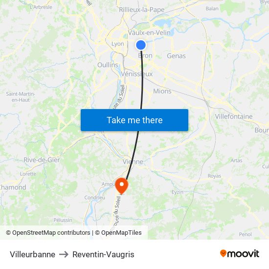 Villeurbanne to Reventin-Vaugris map