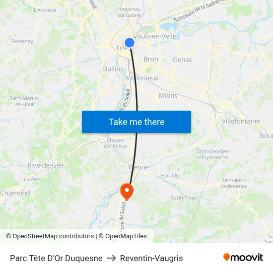 Parc Tête D'Or Duquesne to Reventin-Vaugris map