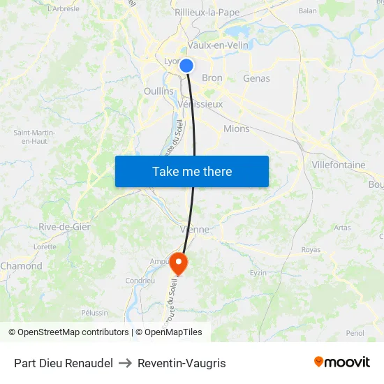 Part-Dieu Renaudel to Reventin-Vaugris map