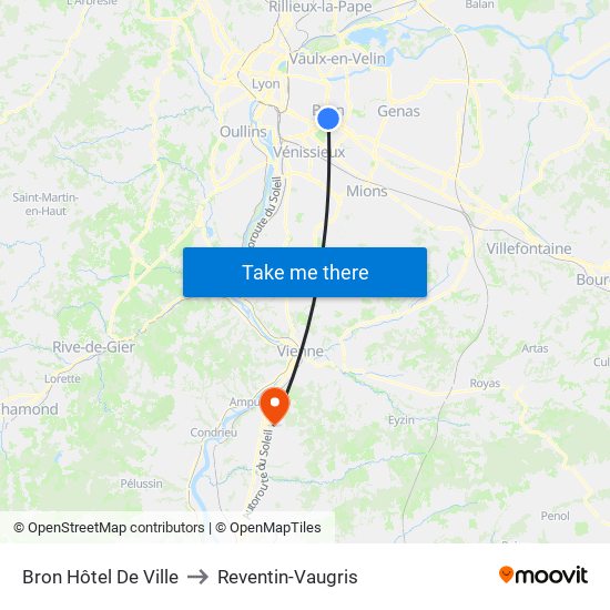 Bron Hôtel De Ville to Reventin-Vaugris map