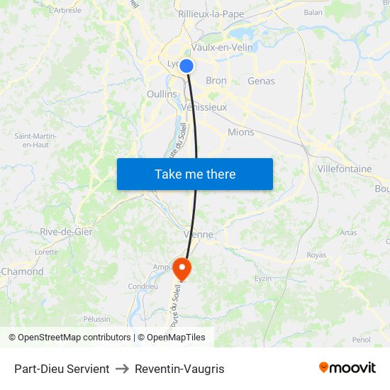 Part-Dieu Servient to Reventin-Vaugris map