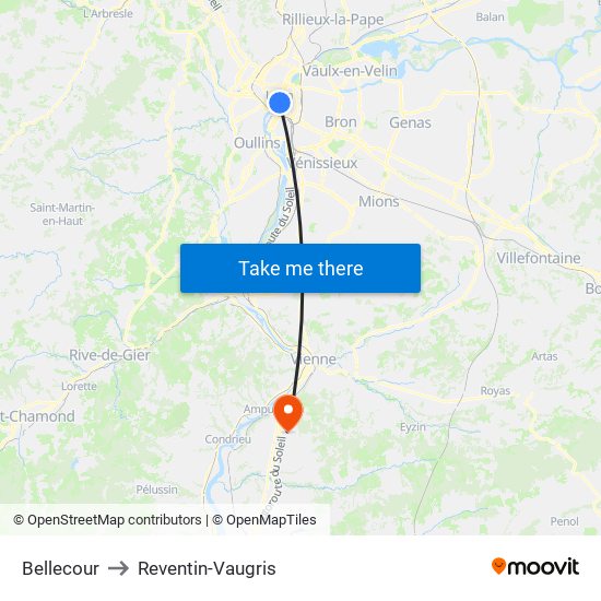 Bellecour to Reventin-Vaugris map