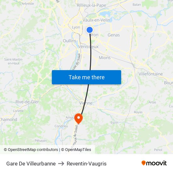 Gare De Villeurbanne to Reventin-Vaugris map