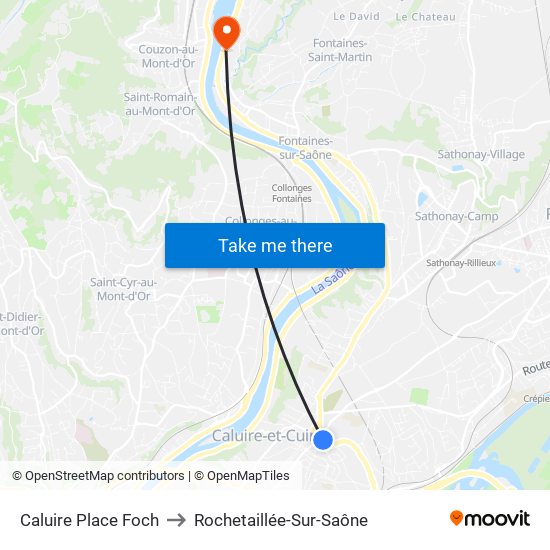 Caluire Place Foch to Rochetaillée-Sur-Saône map