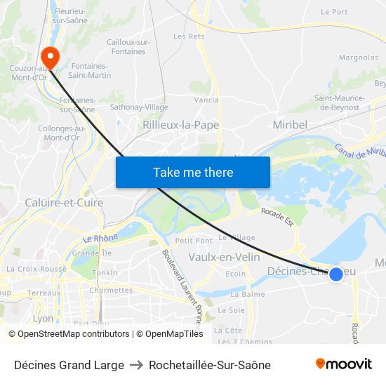 Décines Grand Large to Rochetaillée-Sur-Saône map