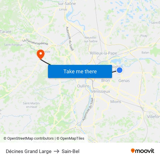 Décines Grand Large to Sain-Bel map