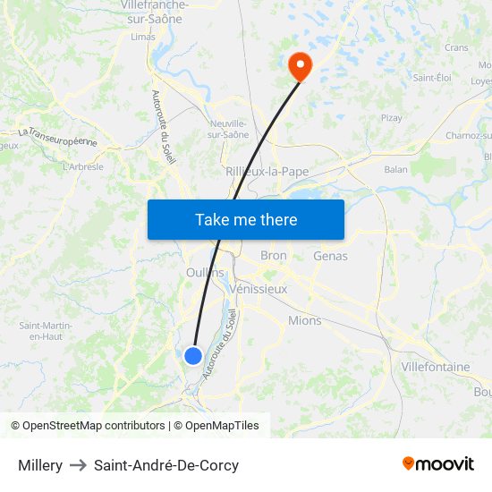 Millery to Saint-André-De-Corcy map