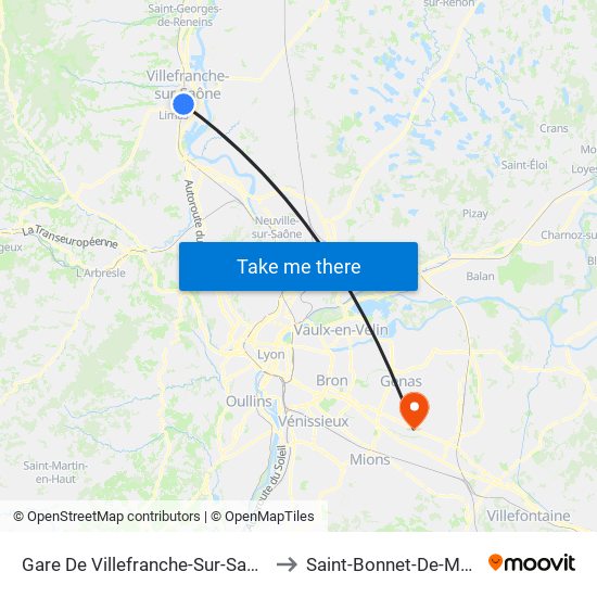 Gare De Villefranche-Sur-Saône to Saint-Bonnet-De-Mure map