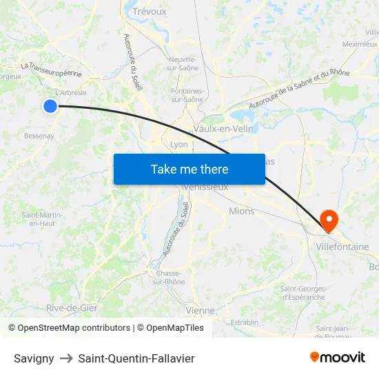 Savigny to Saint-Quentin-Fallavier map