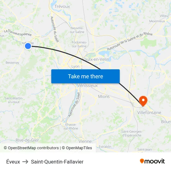 Éveux to Saint-Quentin-Fallavier map