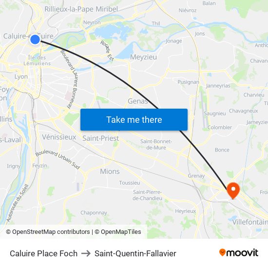 Caluire Place Foch to Saint-Quentin-Fallavier map