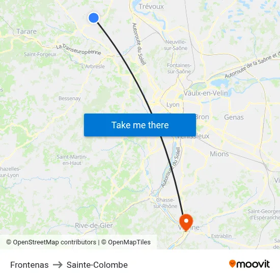 Frontenas to Sainte-Colombe map