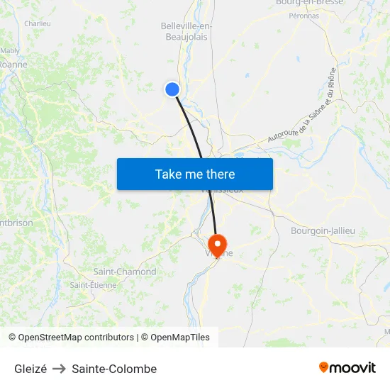 Gleizé to Sainte-Colombe map