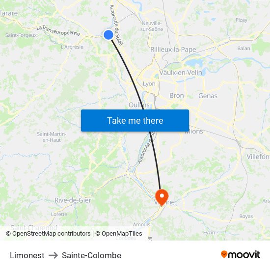 Limonest to Sainte-Colombe map