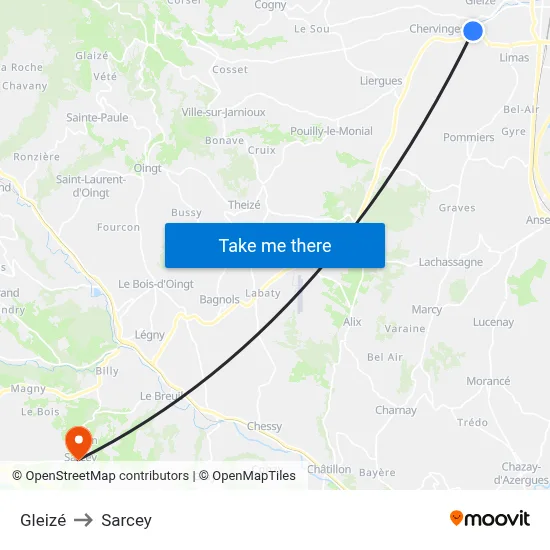 Gleizé to Sarcey map