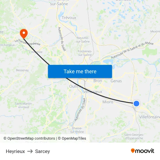 Heyrieux to Sarcey map