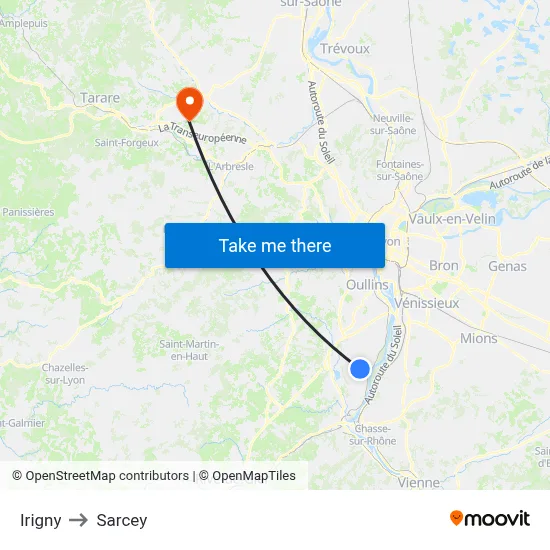 Irigny to Sarcey map