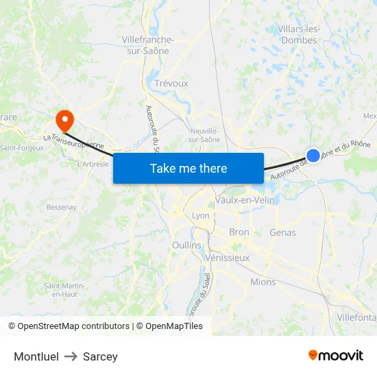 Montluel to Sarcey map