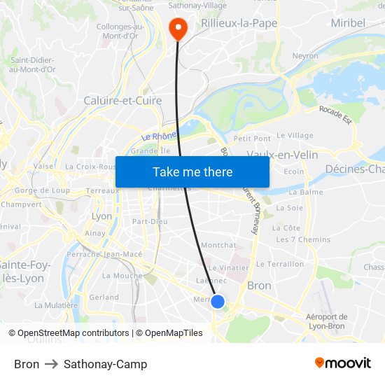 Bron to Sathonay-Camp map