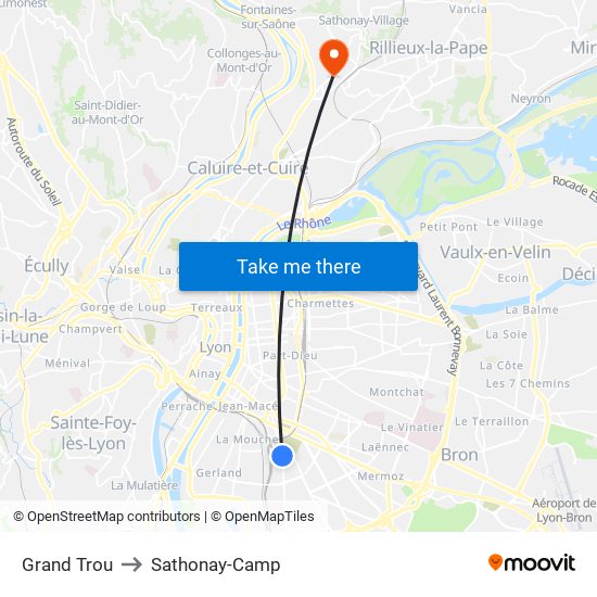 Grand Trou to Sathonay-Camp map