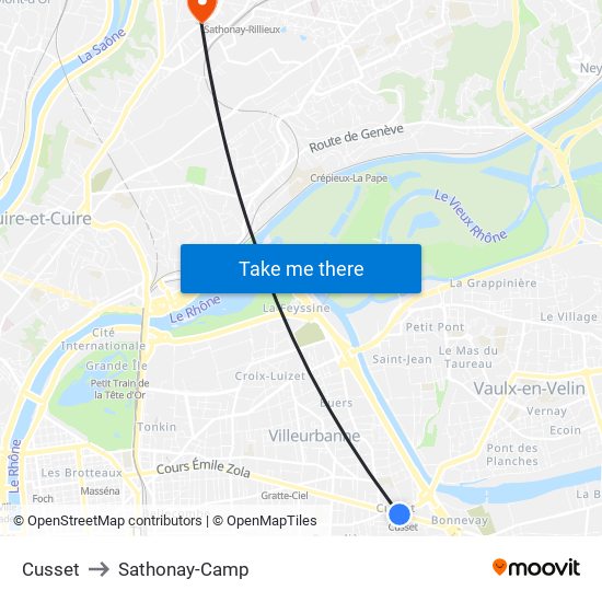 Cusset to Sathonay-Camp map