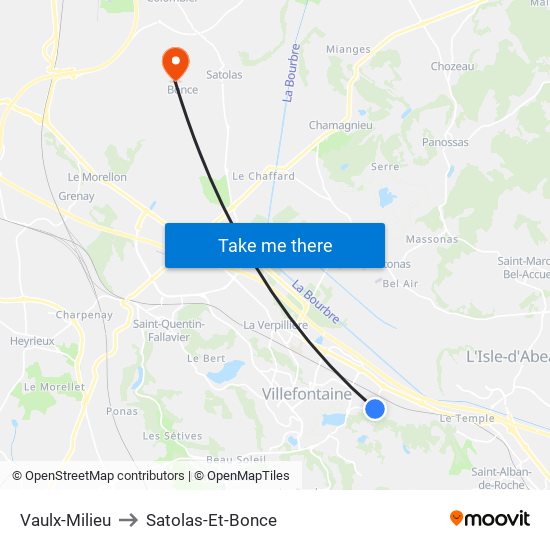 Vaulx-Milieu to Satolas-Et-Bonce map