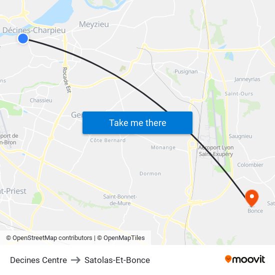 Decines Centre to Satolas-Et-Bonce map