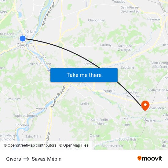 Givors to Savas-Mépin map