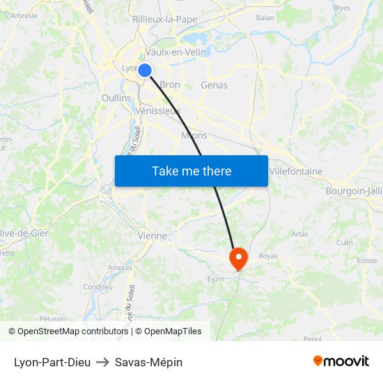 Lyon-Part-Dieu to Savas-Mépin map