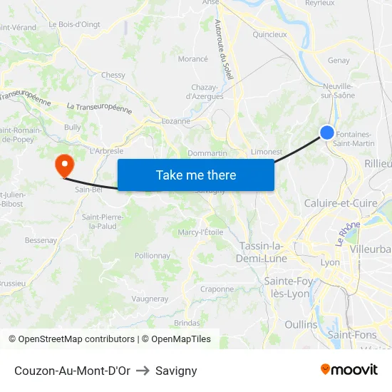 Couzon-Au-Mont-D'Or to Savigny map