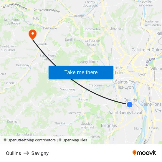Oullins to Savigny map