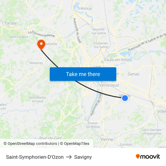 Saint-Symphorien-D'Ozon to Savigny map