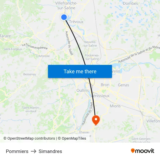 Pommiers to Simandres map
