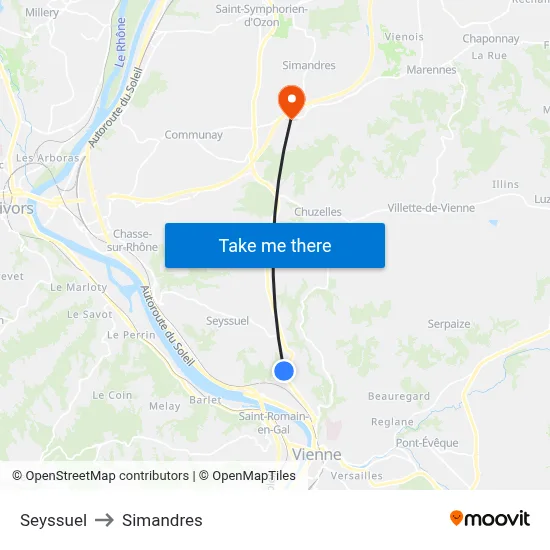 Seyssuel to Simandres map