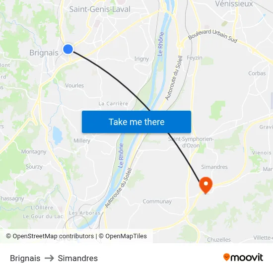 Brignais to Simandres map
