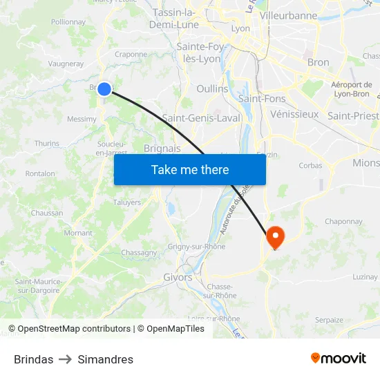 Brindas to Simandres map