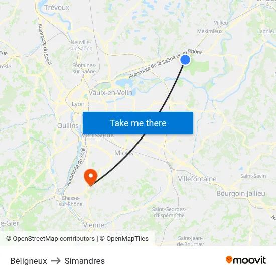 Béligneux to Simandres map