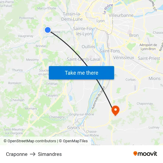 Craponne to Simandres map
