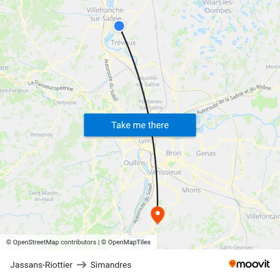 Jassans-Riottier to Simandres map