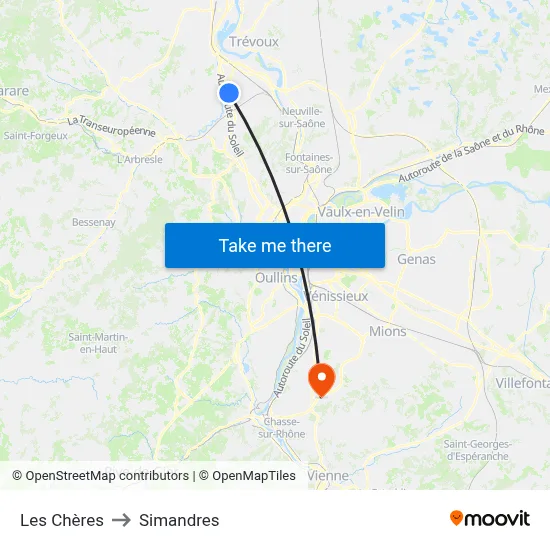 Les Chères to Simandres map