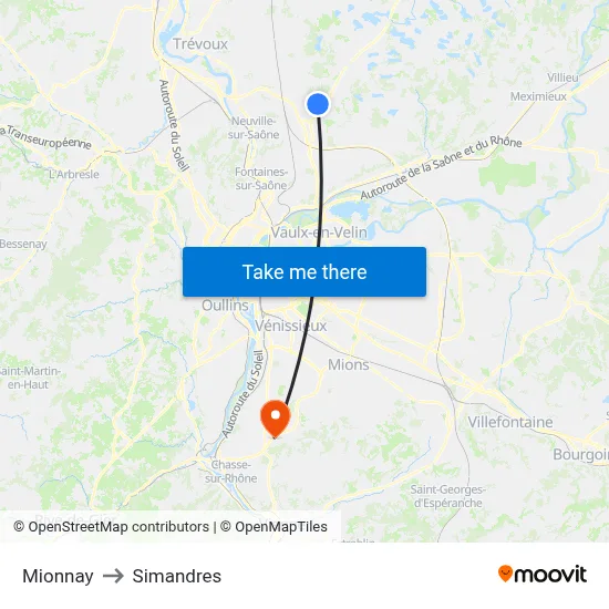 Mionnay to Simandres map
