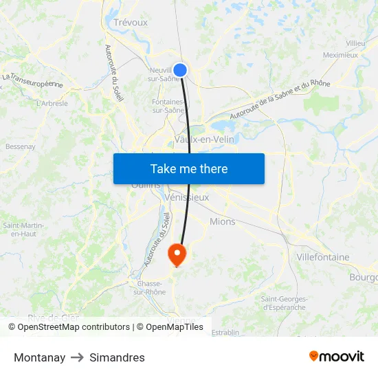 Montanay to Simandres map