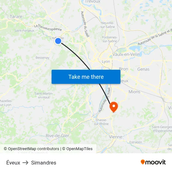 Éveux to Simandres map