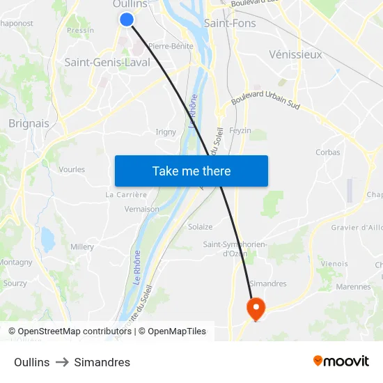Oullins to Simandres map