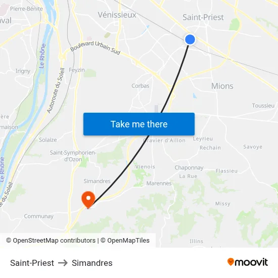 Saint-Priest to Simandres map