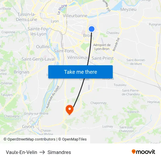 Vaulx-En-Velin to Simandres map