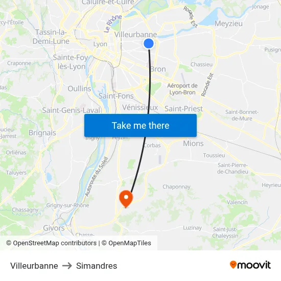 Villeurbanne to Simandres map